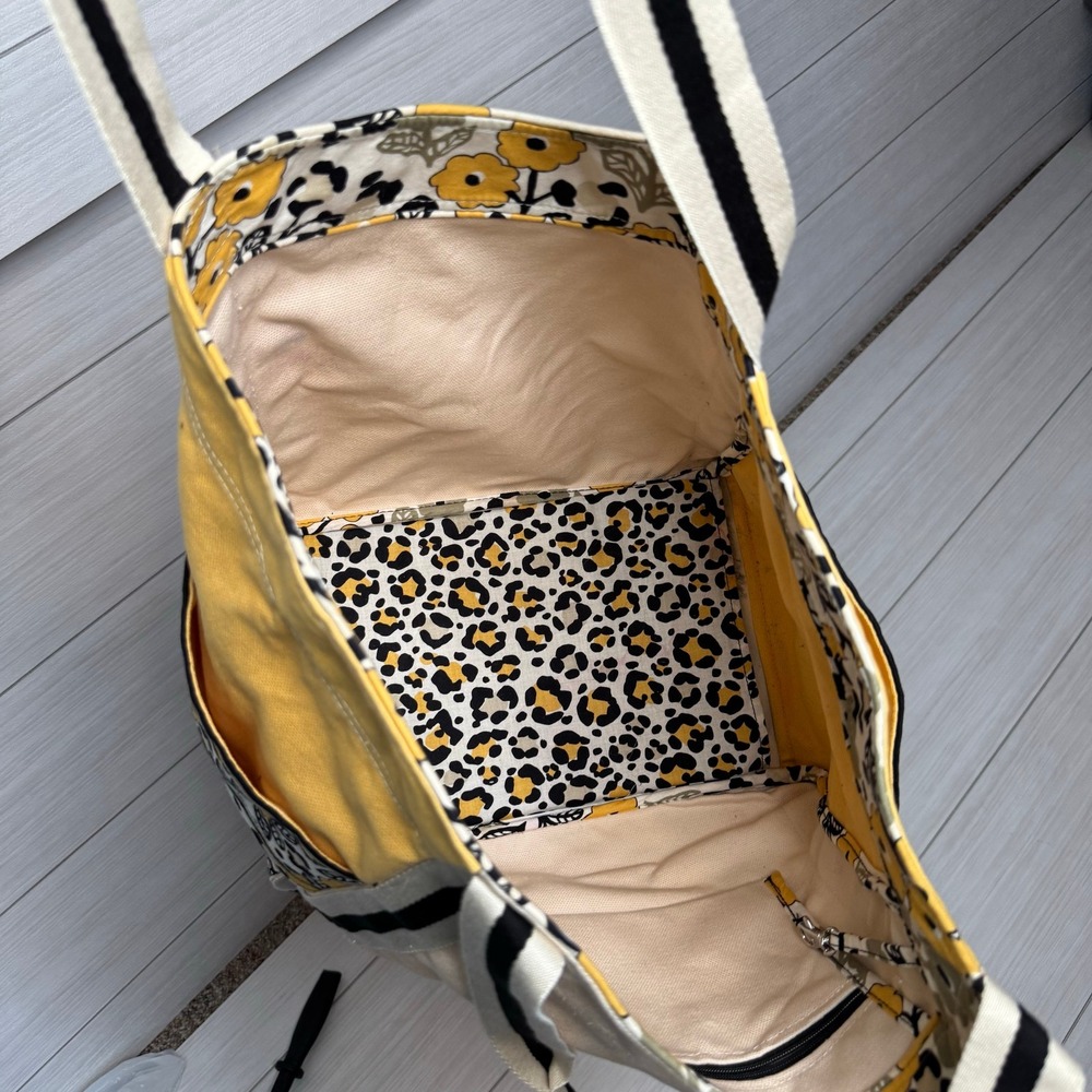 Vera Bradley Tote Bag Yellow Floral Leopard Print Canvas Shoulder Bag - Picture 4 of 12